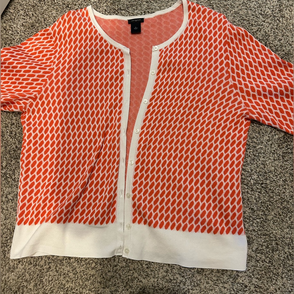 Ann Taylor Orange and White Short-Sleeve Button Cardigan